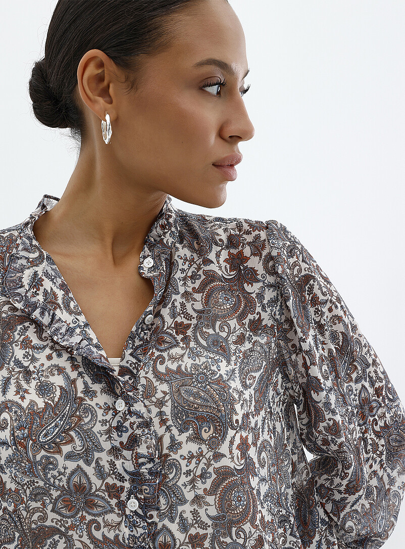 Contemporaine: La blouse chiffon imprim&eacute; &agrave; col frison Orange &agrave; motifs pour femme