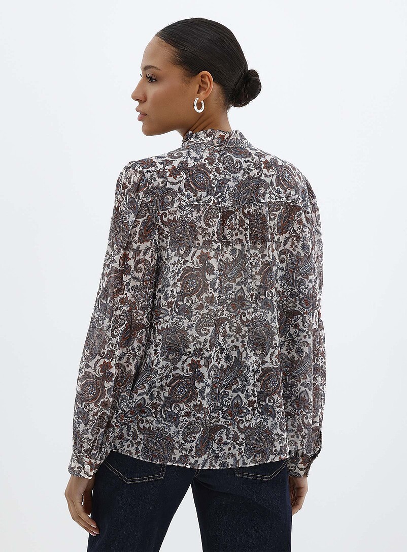 Contemporaine: La blouse chiffon imprim&eacute; &agrave; col frison Orange &agrave; motifs pour femme