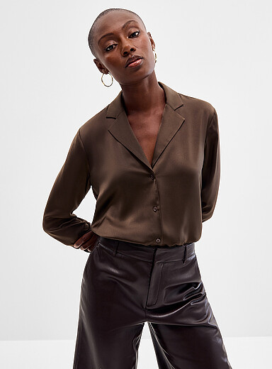 Contemporaine: La chemise satin&eacute;e col crant&eacute; Chocolat - Espresso pour femme