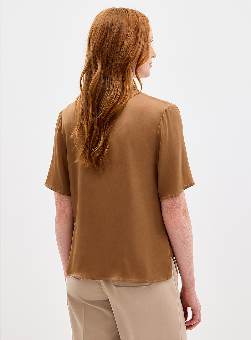 Contemporaine Taupe Stretch silk notch collar shirt for women