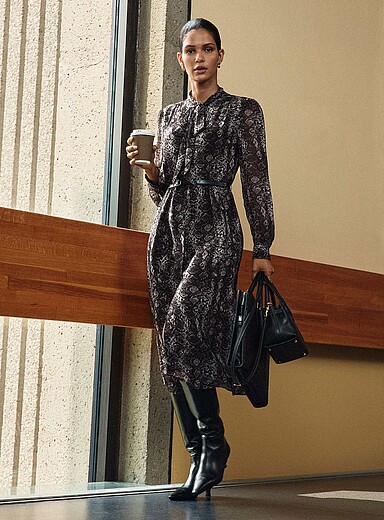 Snake-print tie-neck chiffon dress