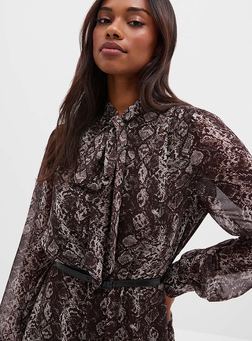 Snake-print tie-neck chiffon dress | Contemporaine | Shop Midi Dresses