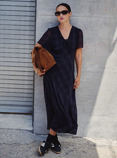 Tie-neck checked chiffon dress