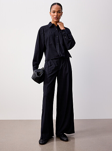 Contemporaine Navy/Midnight Blue Banker-stripe pleated pant <b>Fit: Wide leg, high rise</b> for women