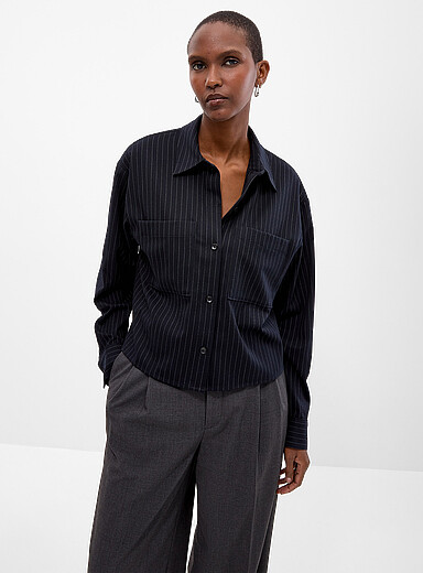 Contemporaine: La chemise carr&eacute;e rayures banquier Bleu marine - Bleu nuit pour femme