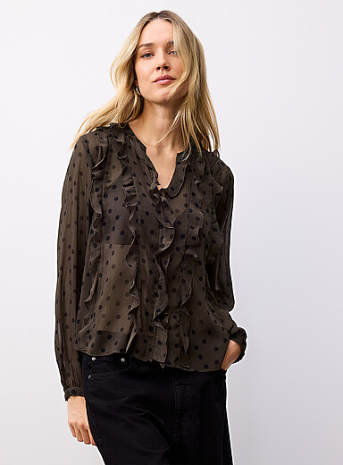 Contemporaine Brown Polka Dot Ruffled polka-dotted sheer blouse for women