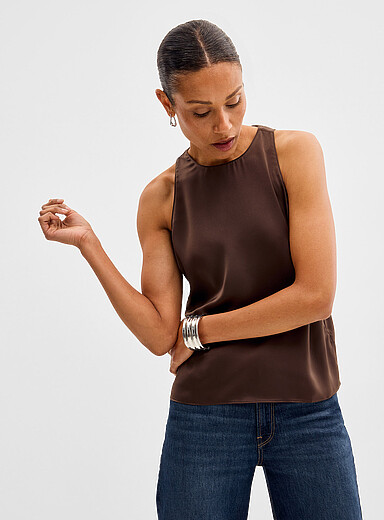 Contemporaine Chocolate/Espresso Cutaway shoulder satin cami for women