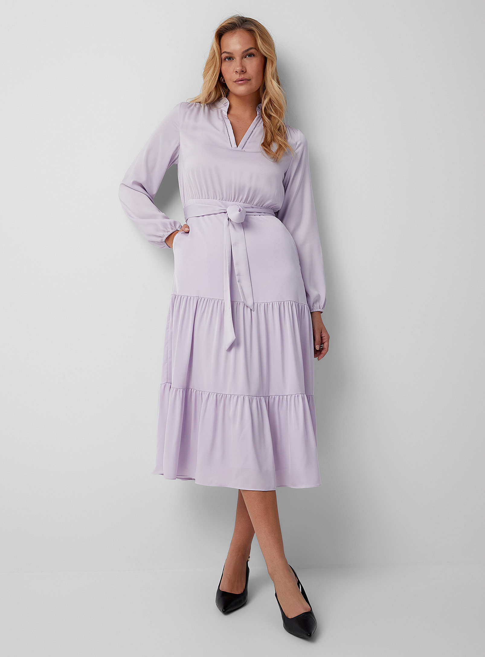 Contemporaine Ruffled Collar Tiered Satin Dress In Baby Blue