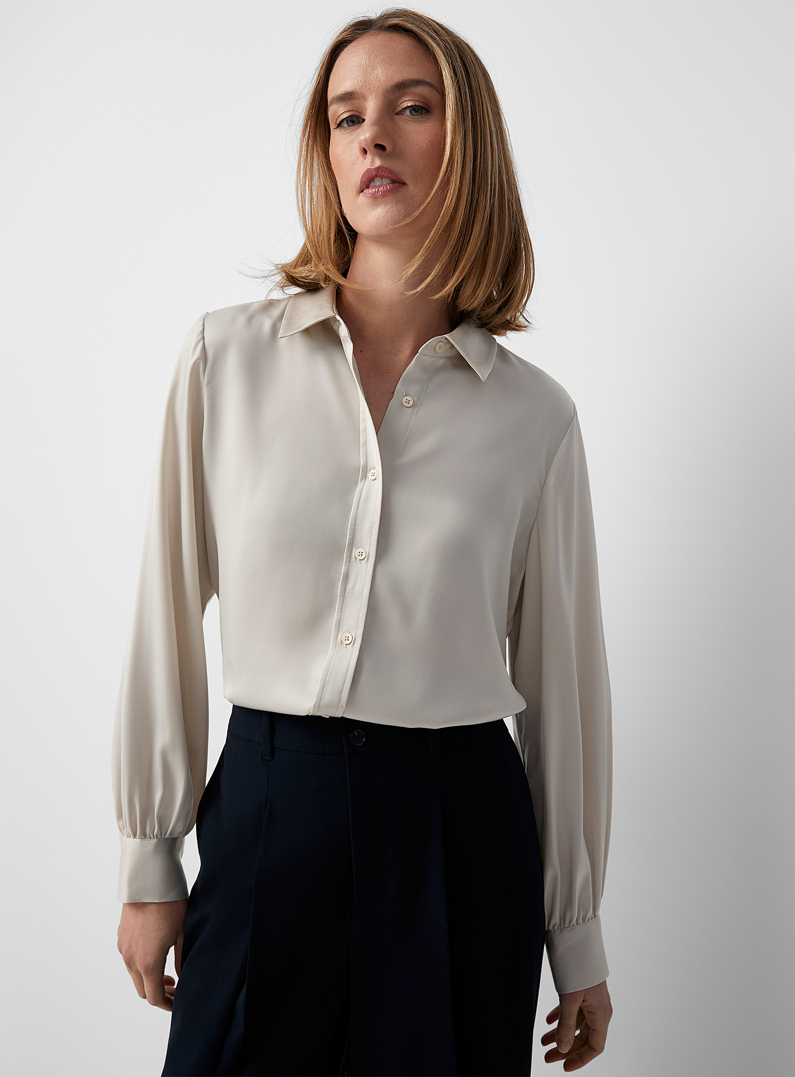 Contemporaine Puff-sleeve Satiny Shirt In Sand