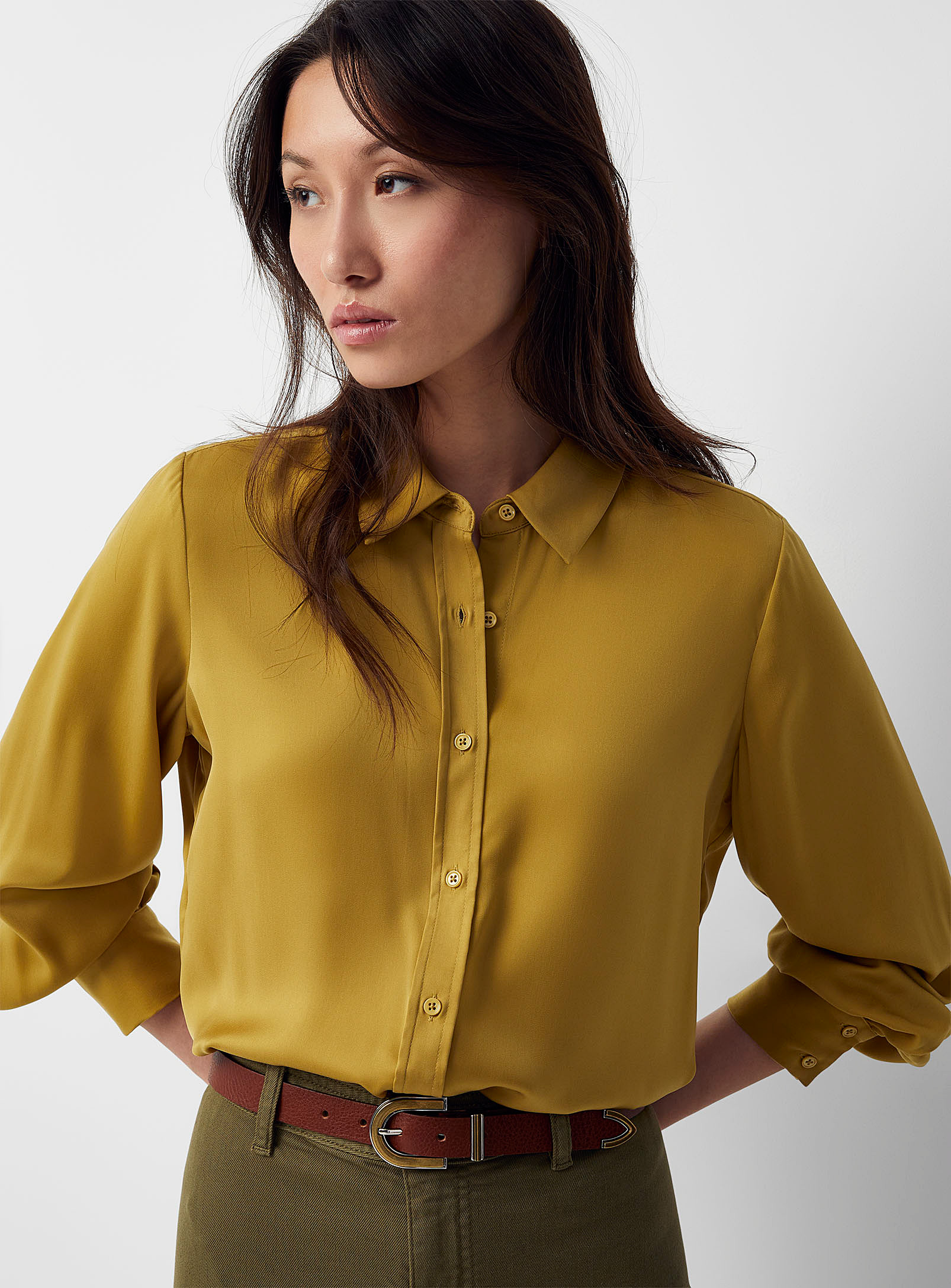 Contemporaine Puff-sleeve Satiny Shirt In Golden Yellow