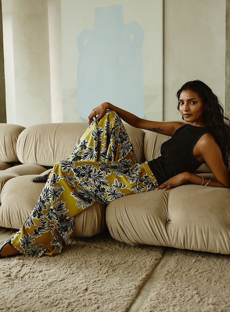 Floral Sketches Satiny Pant Fit: Wide Leg, High Rise