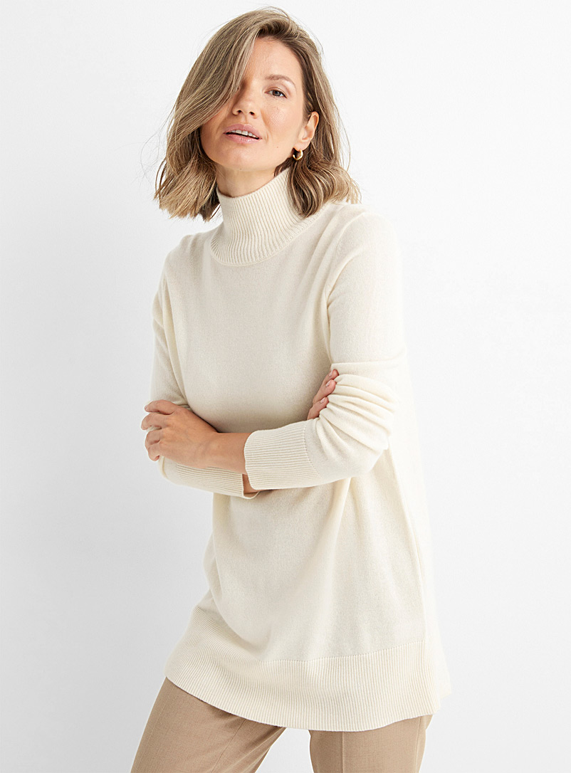 Contemporaine Ivory White Pure cashmere mock-neck tunic for women