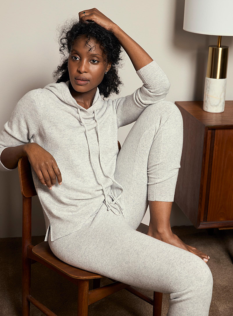 Miiyu Grey Elegant pure cashmere hooded sweater for women