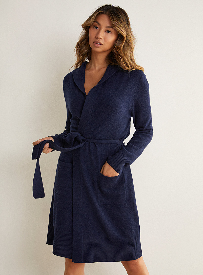 Miiyu Marine Blue Wool and cashmere hooded robe for women