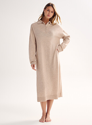 Miiyu Sand Long wool-cashmere polo-collar lounge dress for women