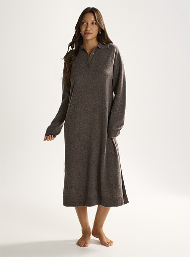 Miiyu Hazelnut Long wool and cashmere polo-collar  lounge dress for women