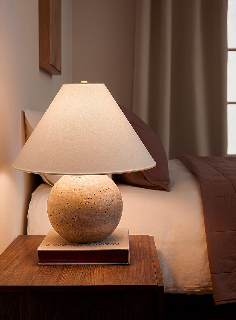 Beige travertine spherical base table lamp product image (primary)