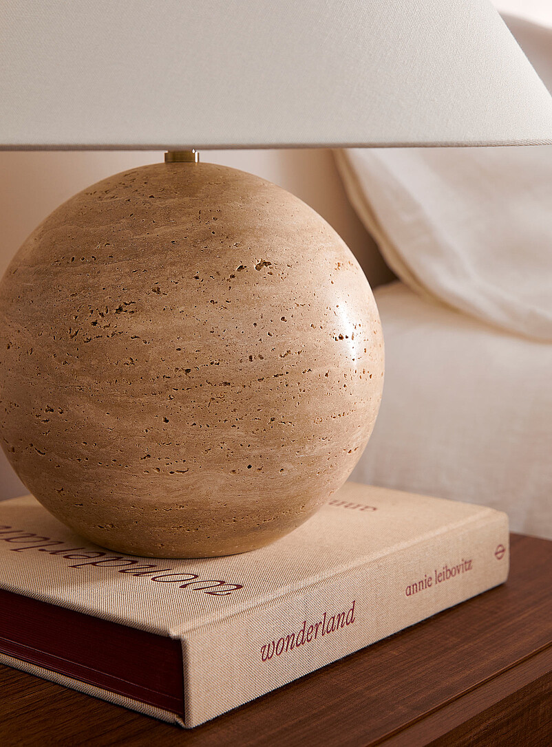 Beige travertine spherical base table lamp product image 2