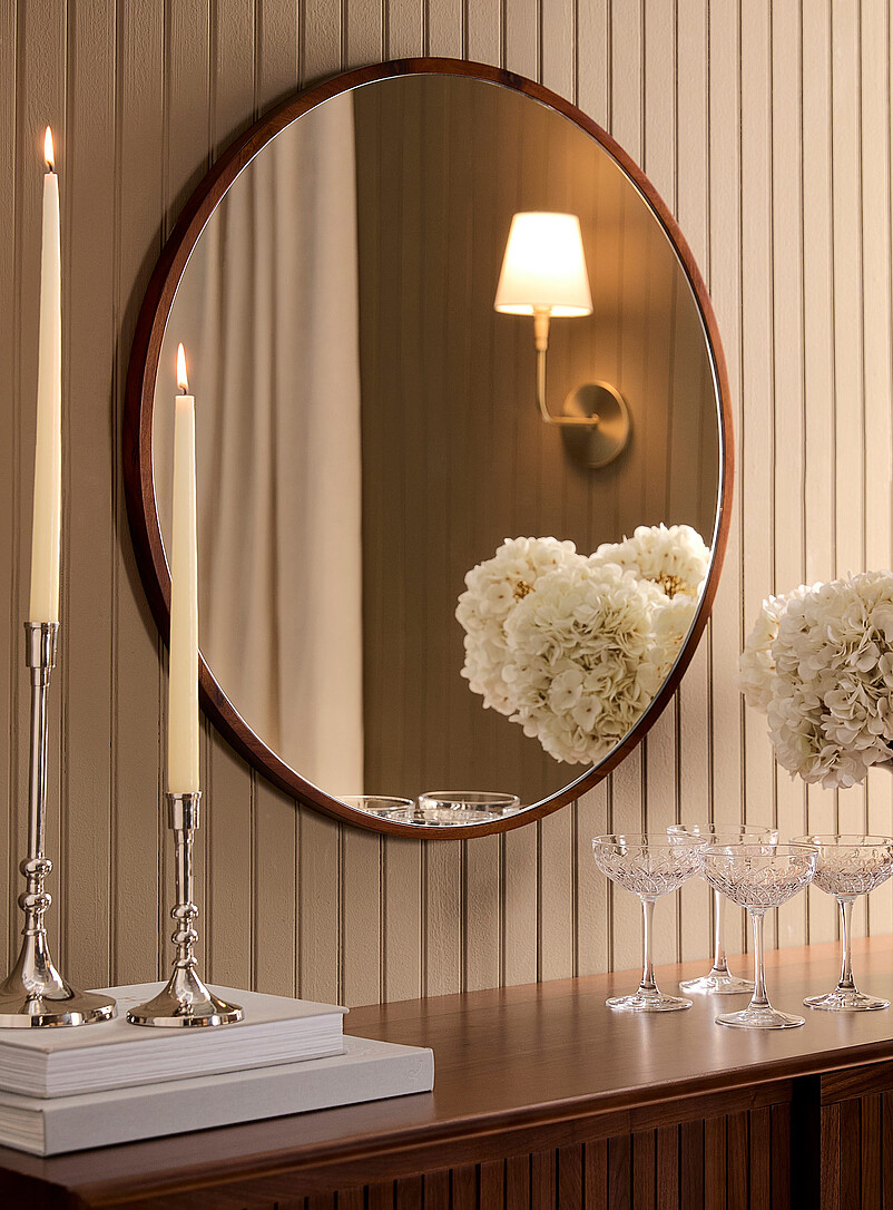 Walnut-finished round frame mirror product image (primary)