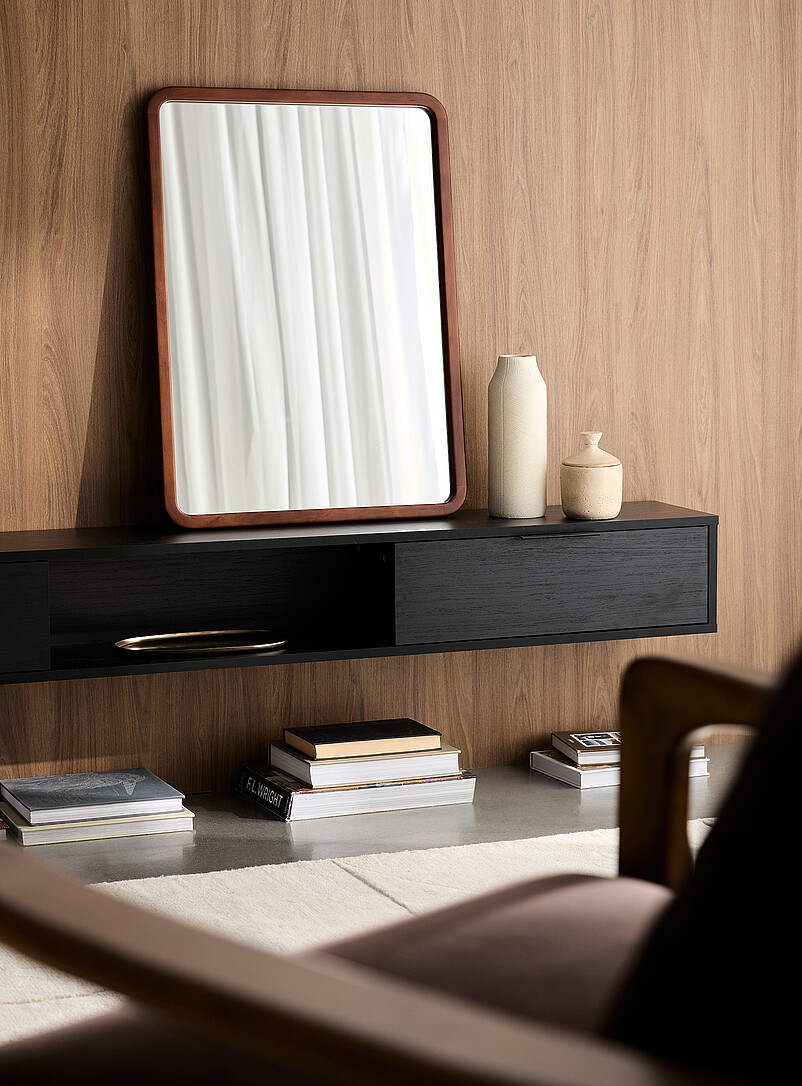 Walnut-Finished Frame Rounded Corners Mirror
