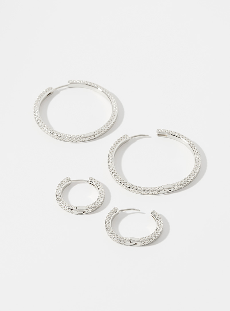 Pilgrim Silver Textured diamond hoops Set of 2 for women