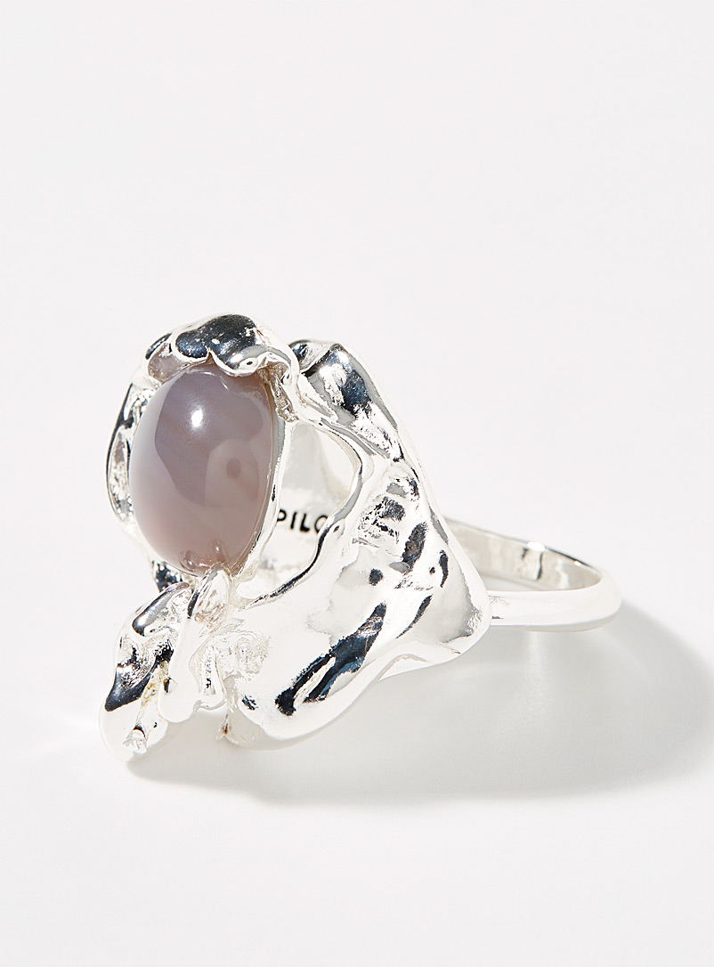 Pilgrim Silver Smoky gemstone solid hammered ring for women