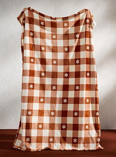 Simons Maison: Le jet&eacute; douce peluche carreaux et fleurs 130 x 180 cm Orange &agrave; motifs