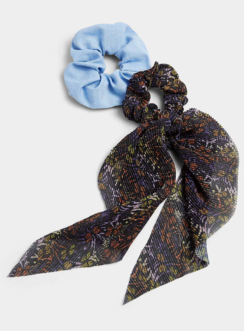 Simons Patterned Blue Faux-denim butterfly scrunchies Set of 2 for women