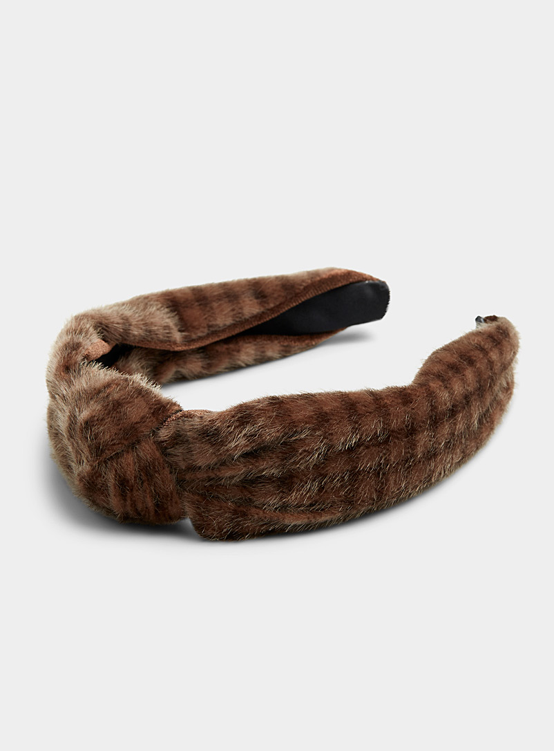 Simons Patterned Brown Brown tartan knotted headband for women