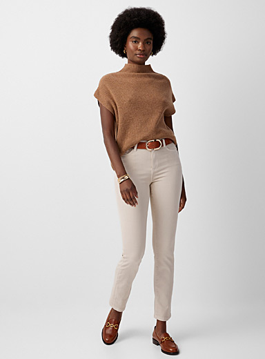 Contemporaine: Le jean extensible droit couleur mode Ivoire blanc os pour femme