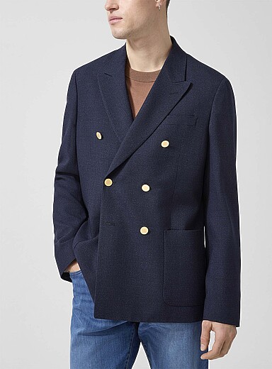Paul Smith: Le veston crois&eacute; microcarreaux boutons dor&eacute;s Bleu marine - Bleu nuit pour homme