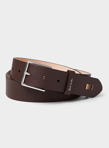 Embroidered colourful stripes brown leather belt