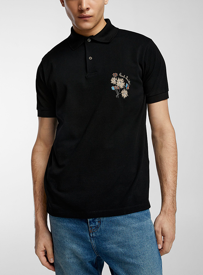 Paul Smith Black Embroidered bouquets polo shirt for men