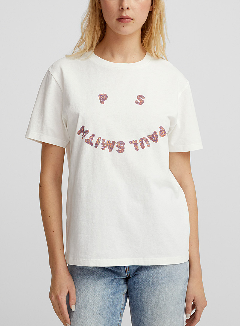 PS Paul Smith: Le t-shirt PS Happy à fleurs Blanc pour femme