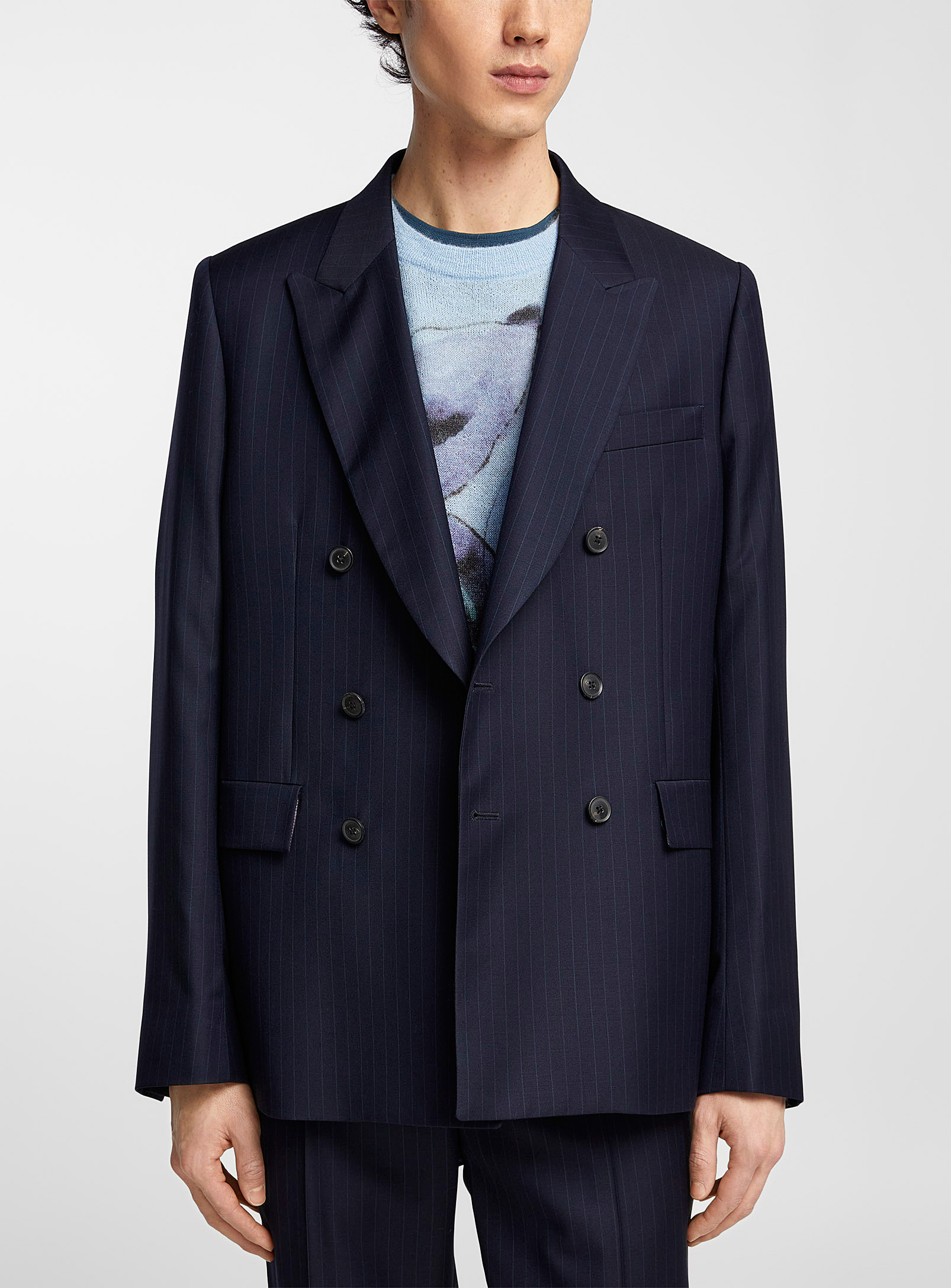 Paul Smith Double-breasted Striped Jacket In Marine Blue