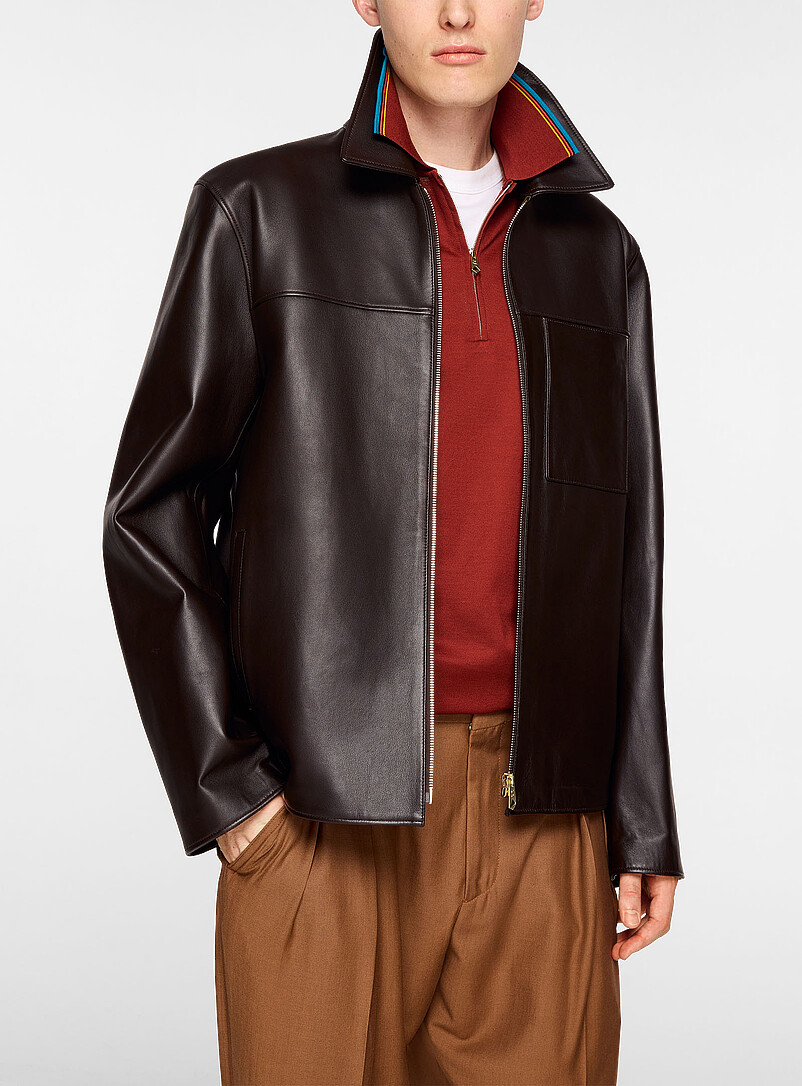 Chocolate brown leather trainer jacket product image (primary)