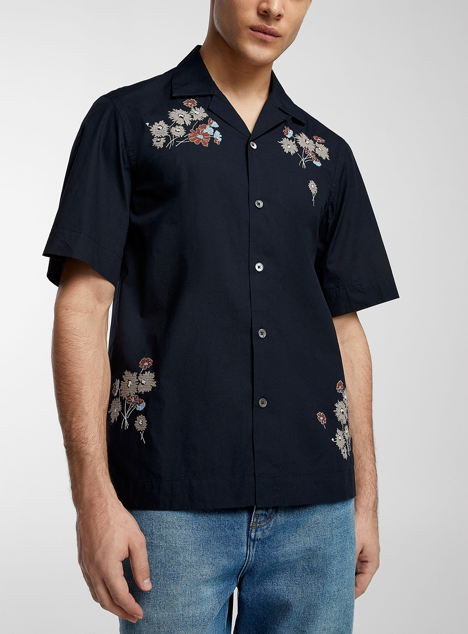 Paul Smith Embroidered Bouquets Shirt In Marine Blue