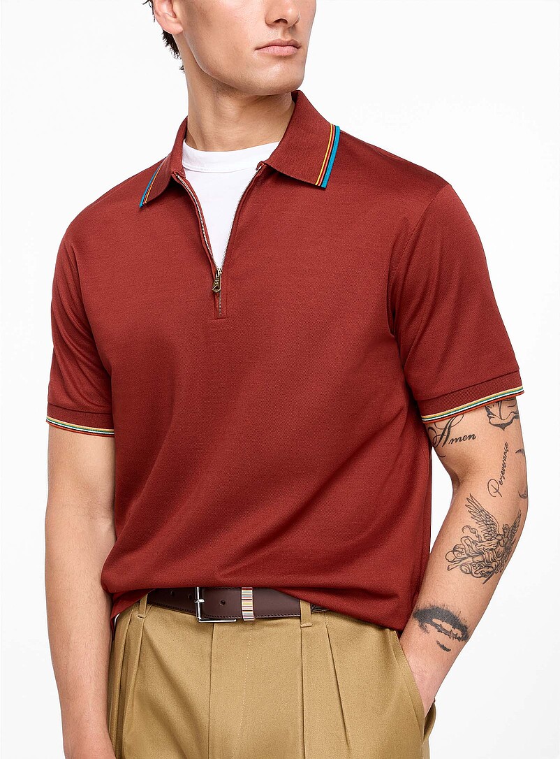 Striped Trim Zip-Up Polo Shirt