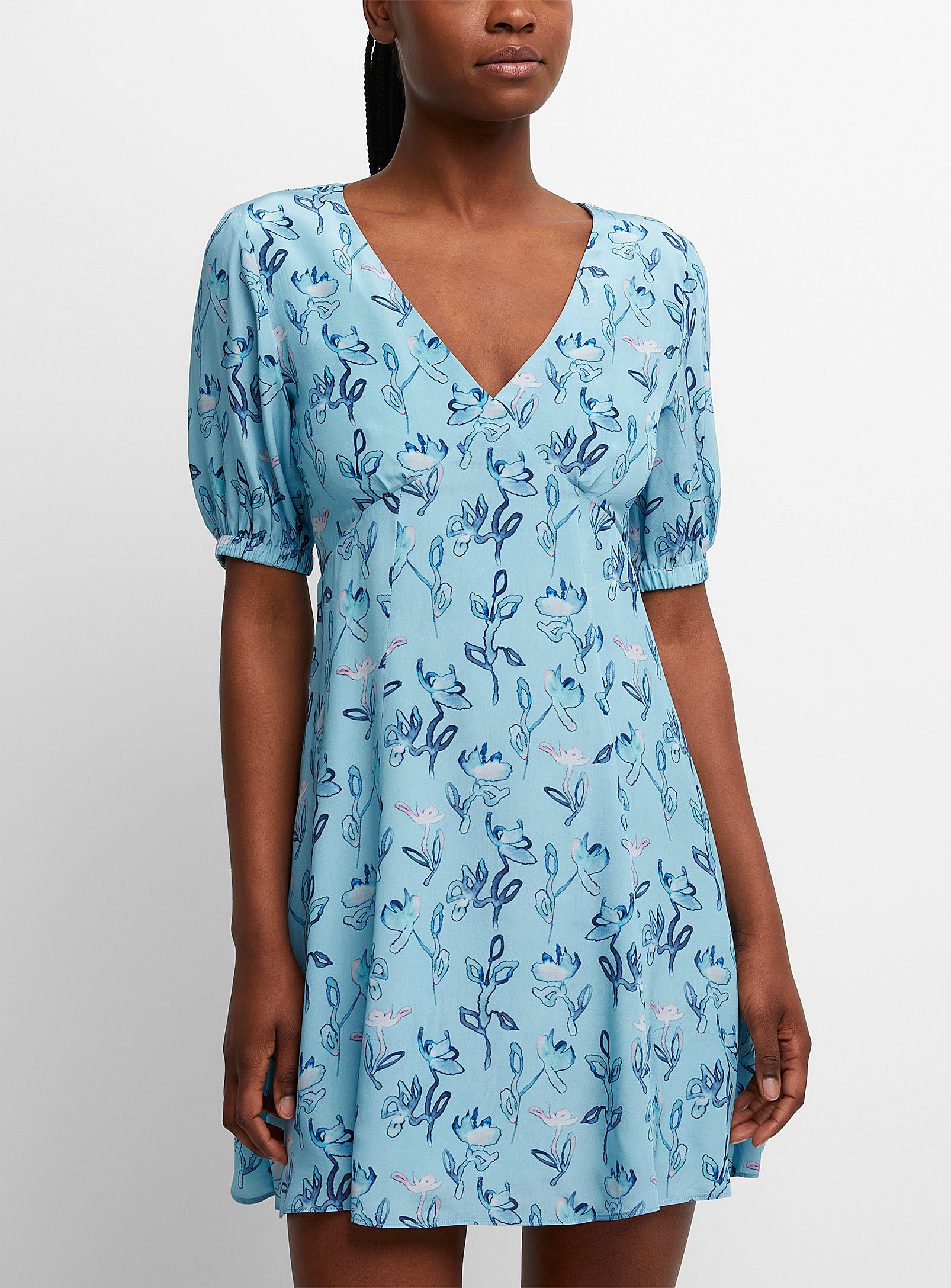 Ps By Paul Smith Puff-sleeve Floral Dress In Patterned Blue