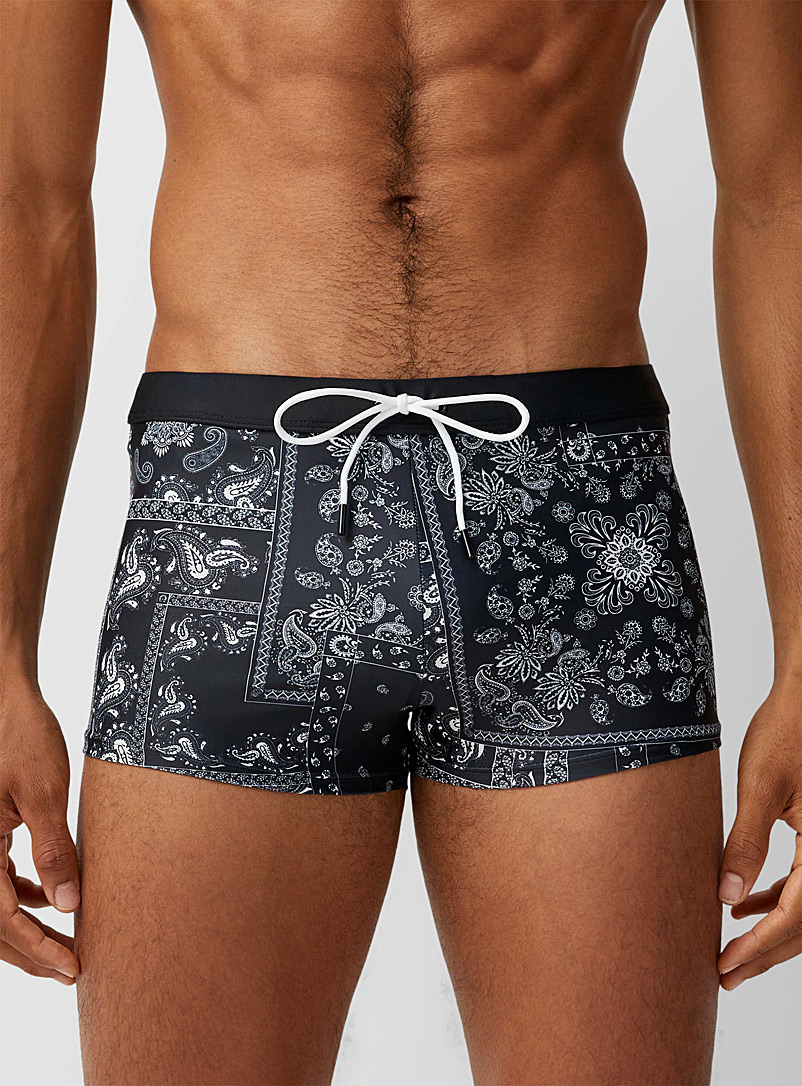 I.FIV5 Black Patterned recycled fibre fitted swim trunk for men