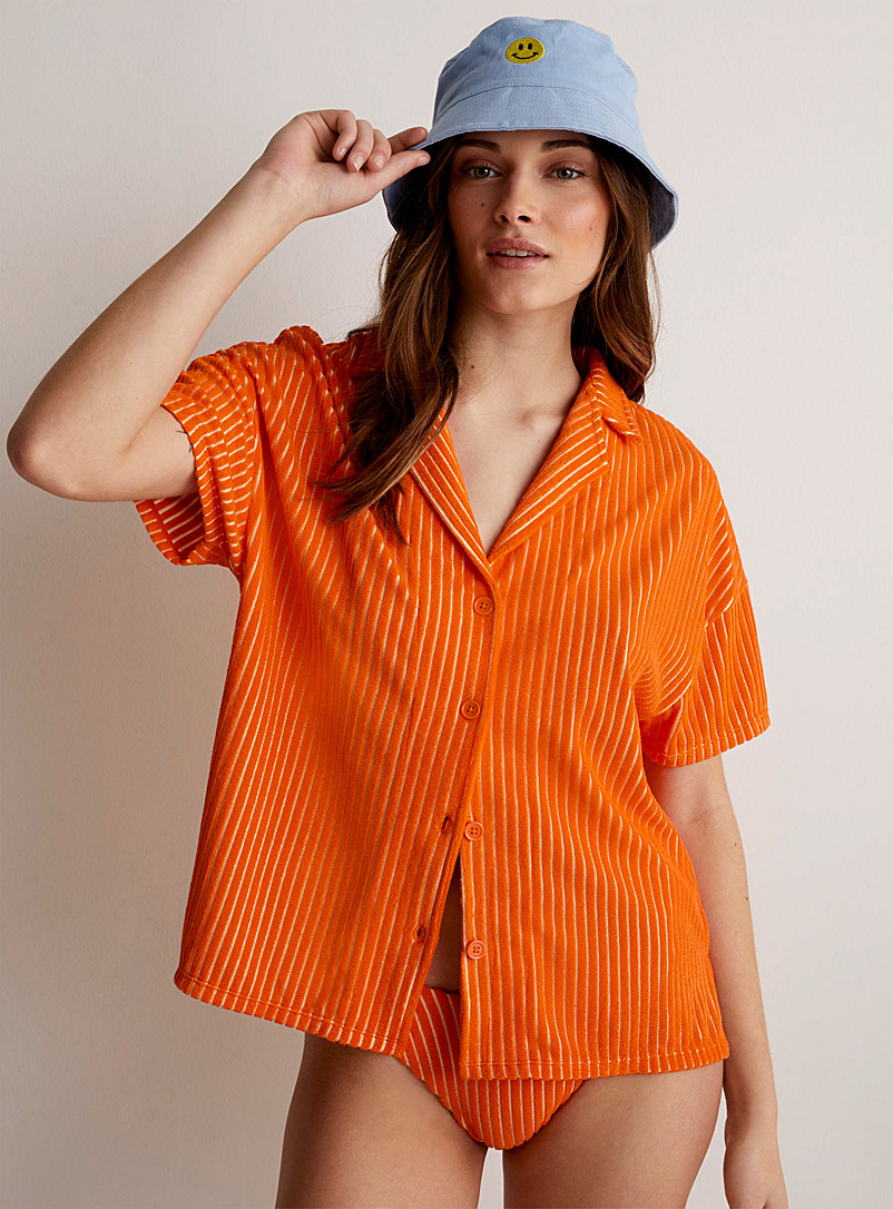 Simons Orange Terry-stripe camp shirt for women