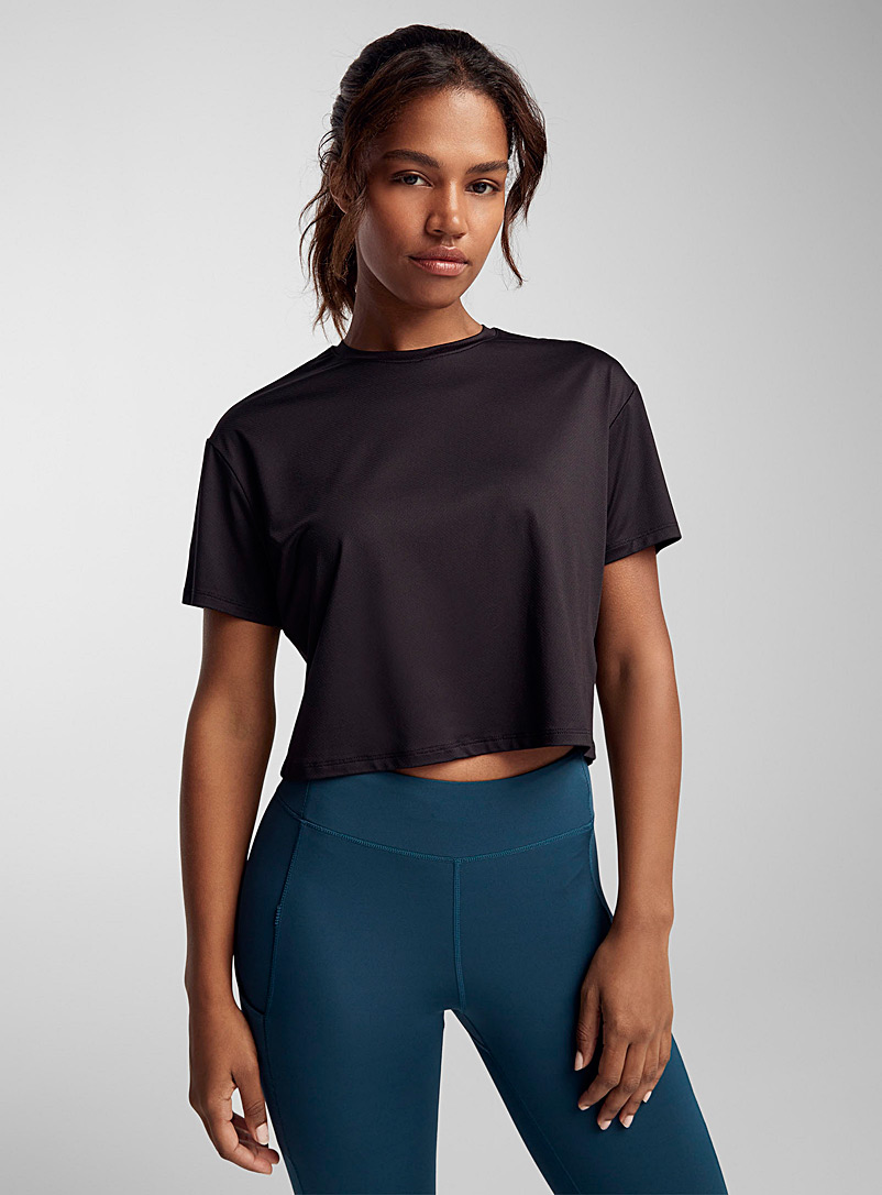 I.FIV5 Black Micro-perforated cropped T-shirt for women