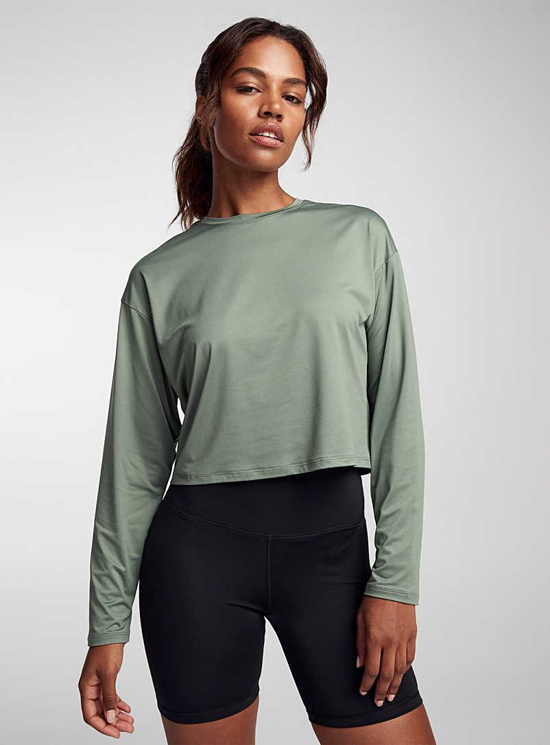 I.FIV5 Mossy Green Drop-shoulder micro-perforated T-shirt for women