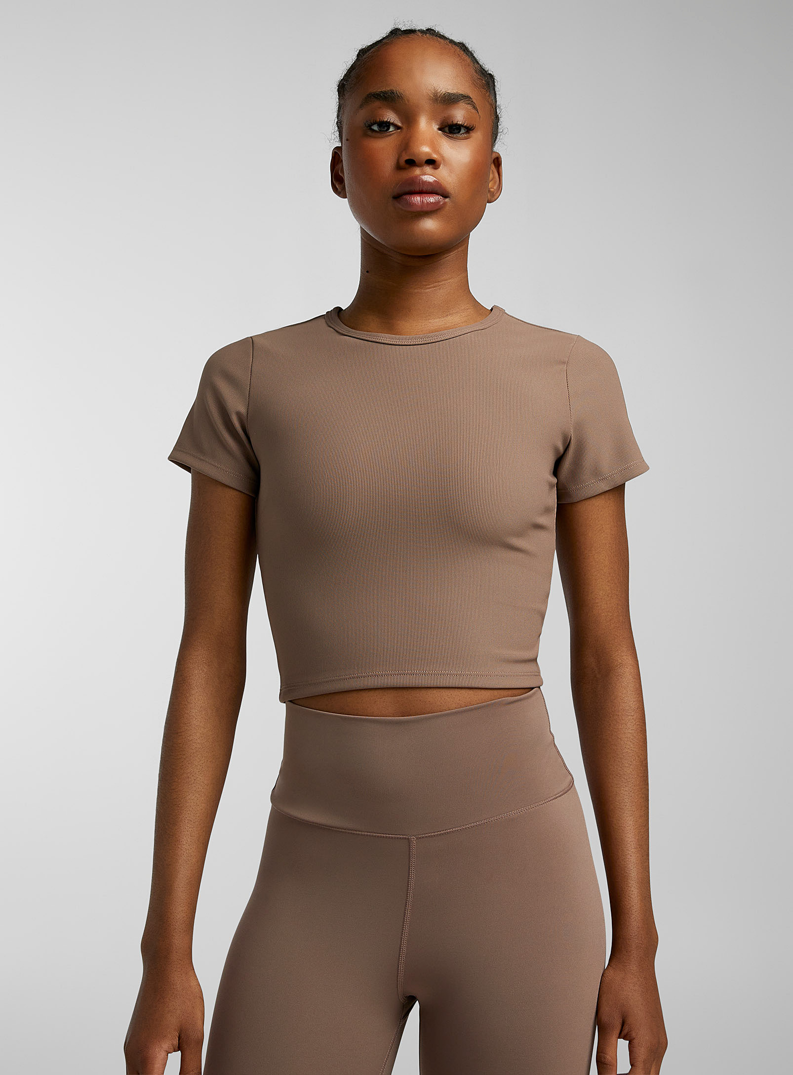 I.fiv5 Cropped Ribbed T-shirt In Light Brown
