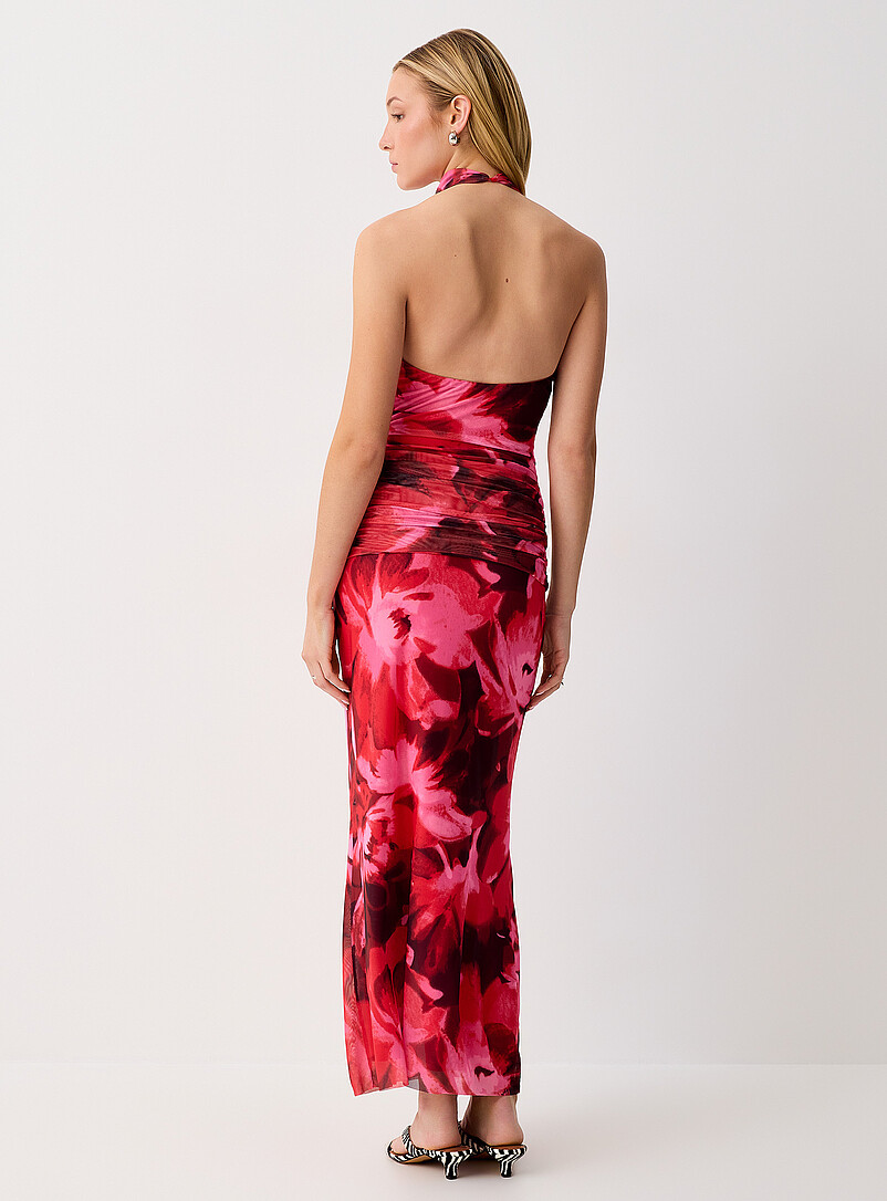 Ic&ocirc;ne: La robe licou taille fronc&eacute;e microfilet floral Rouge &agrave; motifs pour femme