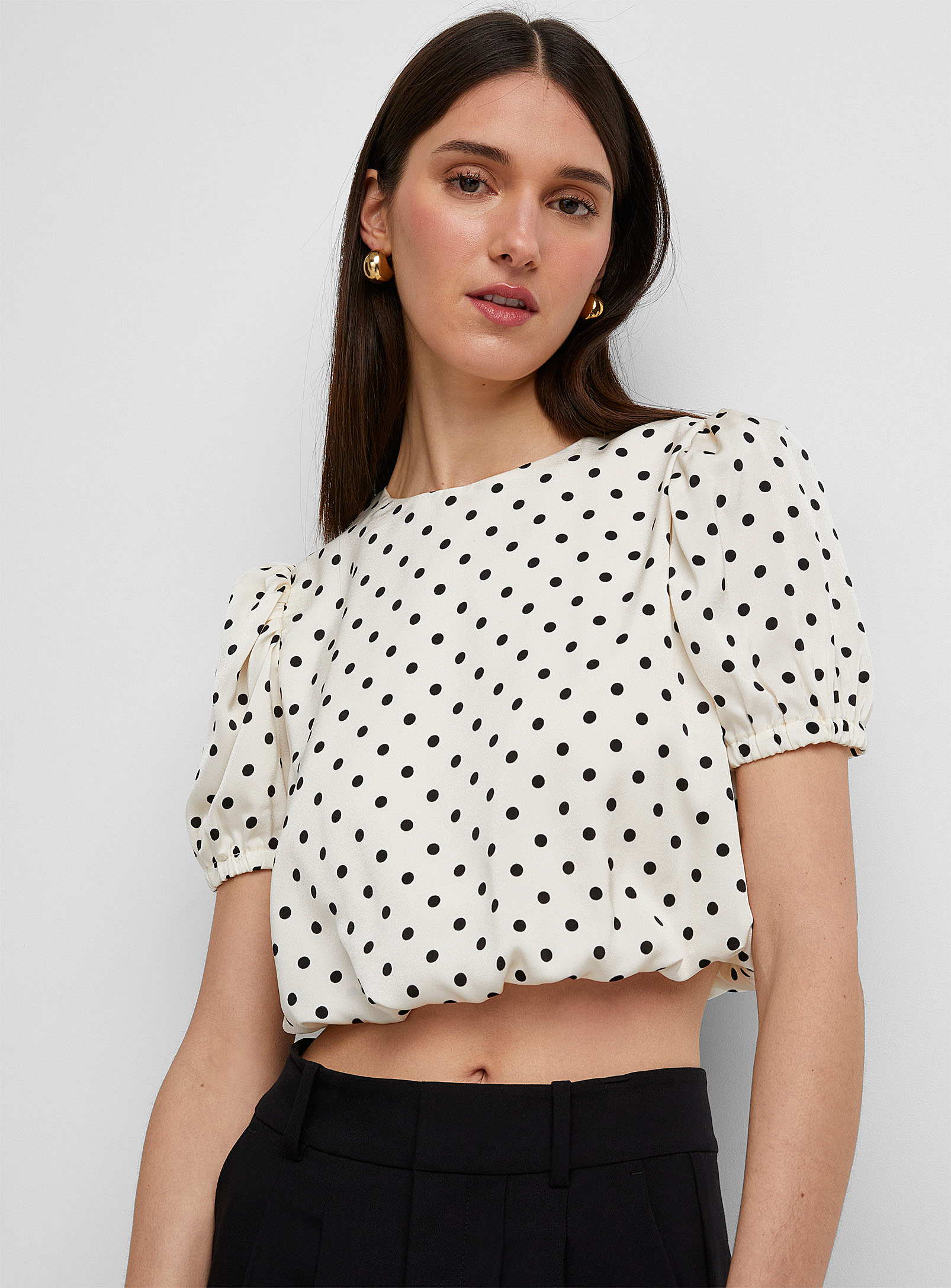 Icone Polka Dot Satin Puffy Blouse In Black And White