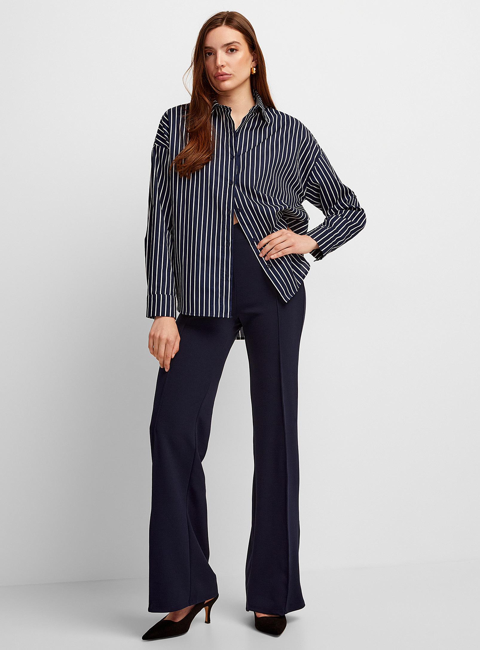 Icone Navy Blue Stretch Crepe Semi-flared Pant In Navy/midnight Blue