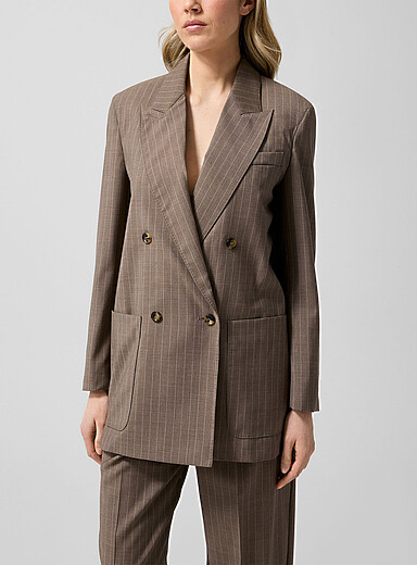 Max Mara Taupe Pinstripe 100% virgin wool blazer for women