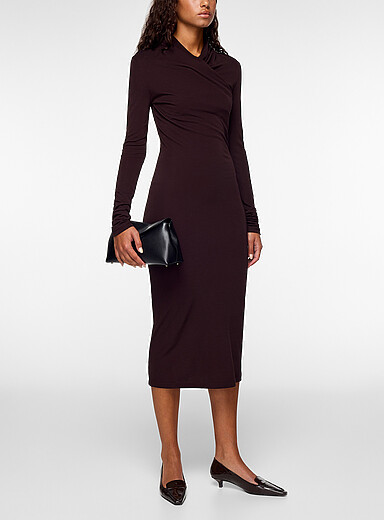 Max Mara Chocolate/Espresso High draped crossover neckline midi dress for women