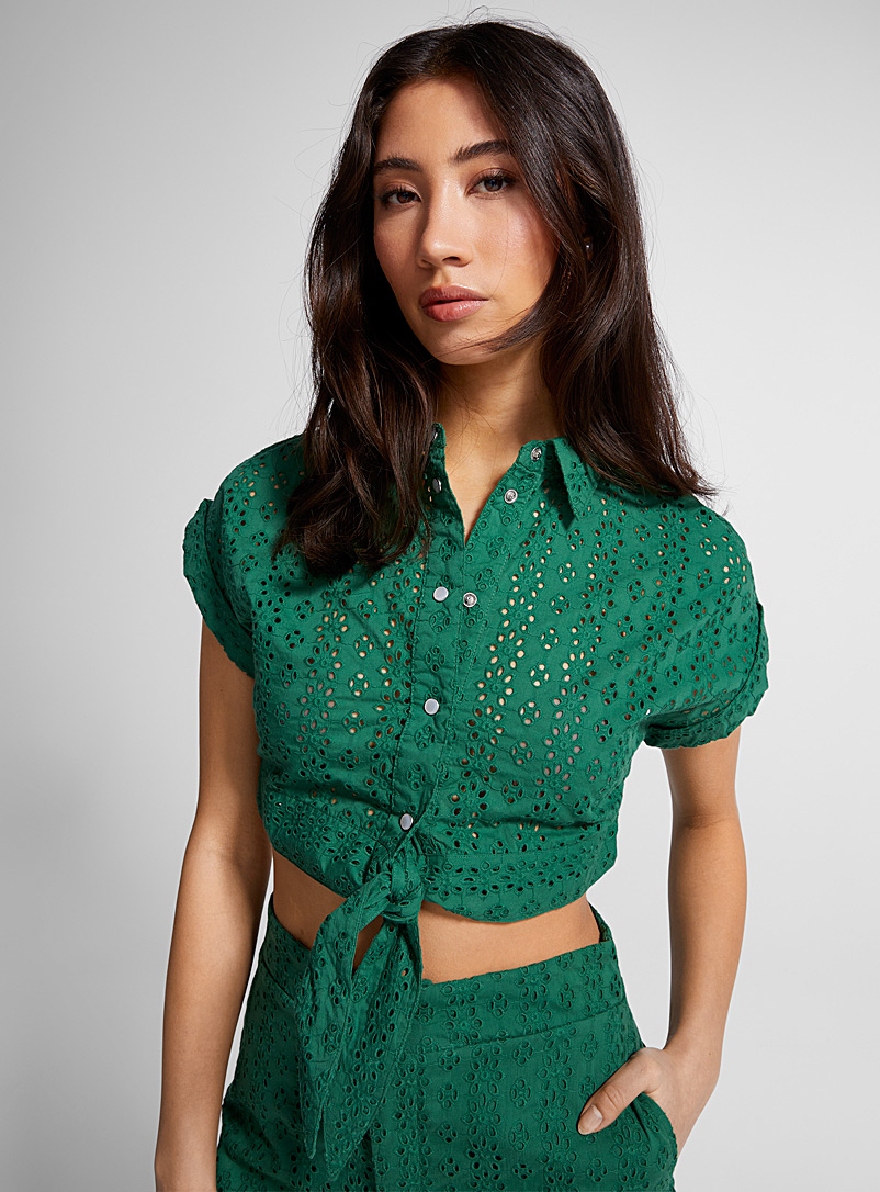 Icône Green English embroidery cropped tie blouse for women